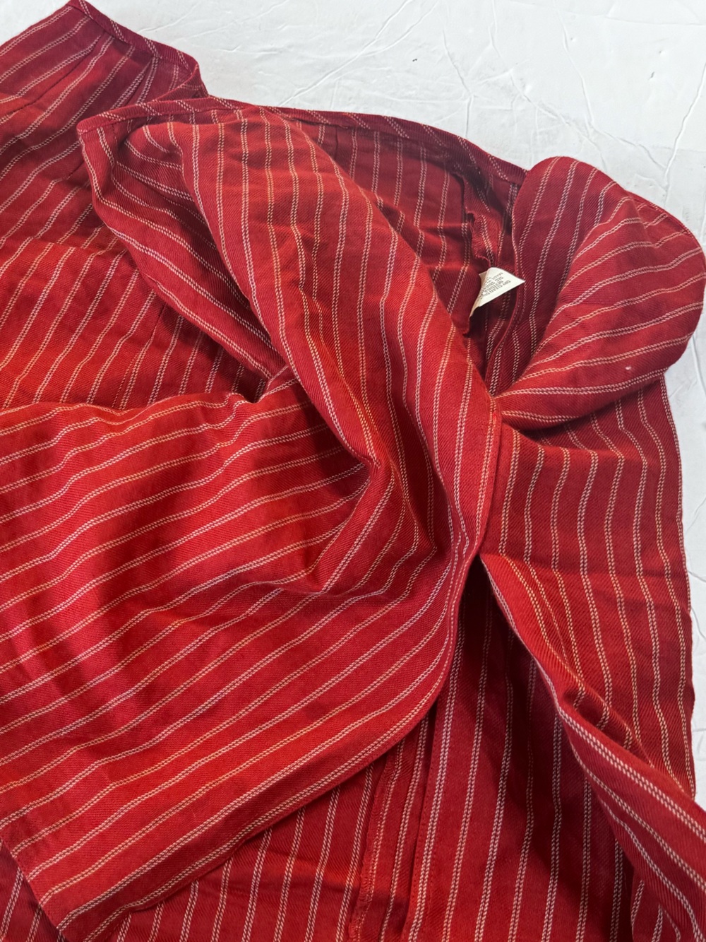 A-line Anne Klein Vintage 90s Linen Faux Wrap 8 Red Striped Linen Mini Skirt Y2K - Picture 8 of 15